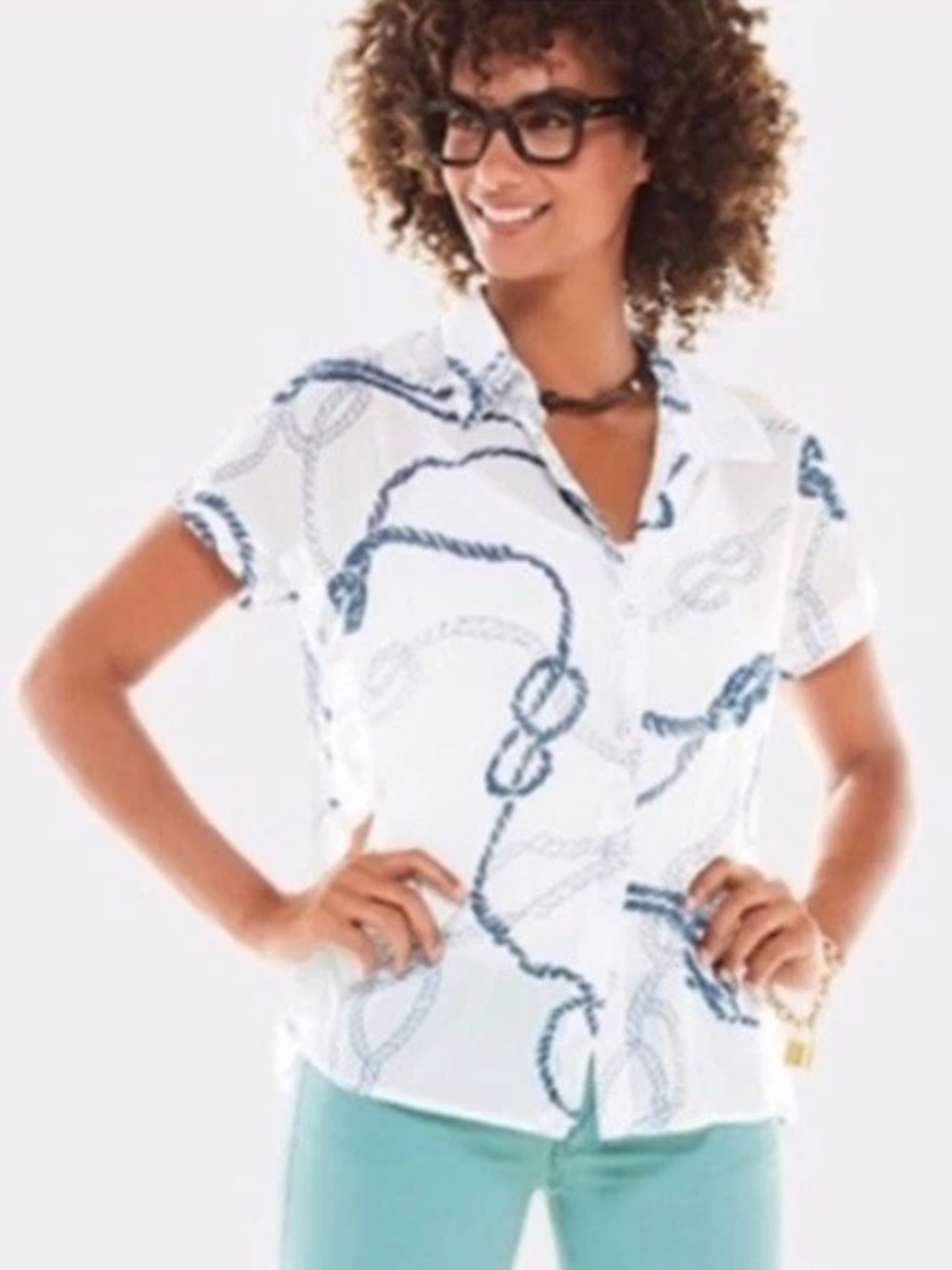 CAbi Sheer Button-Down Shirt with Navy Rope Print